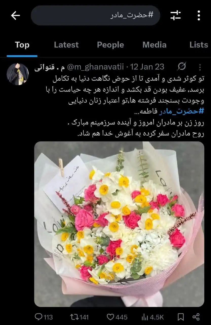 نمونه ای از پست های منتشر شده در هشتگ "حضرت مادر" در شبکه اجتماعی ایکس